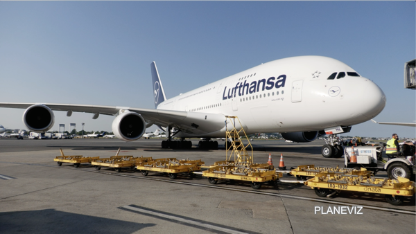 Lufthansa A380 pulls into parking at Boston